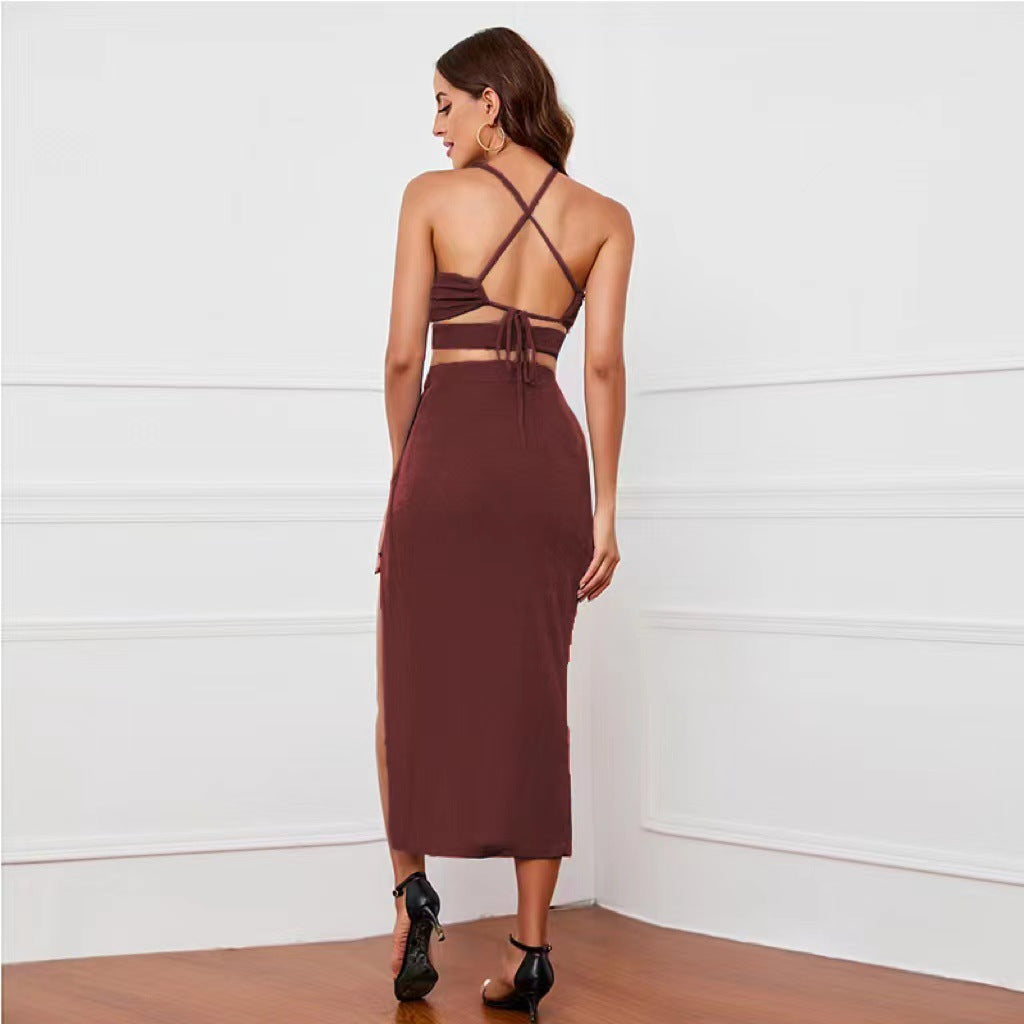 Women Lace-Up Backless Suspender Top and Slit Long Skirt two-piece set 30