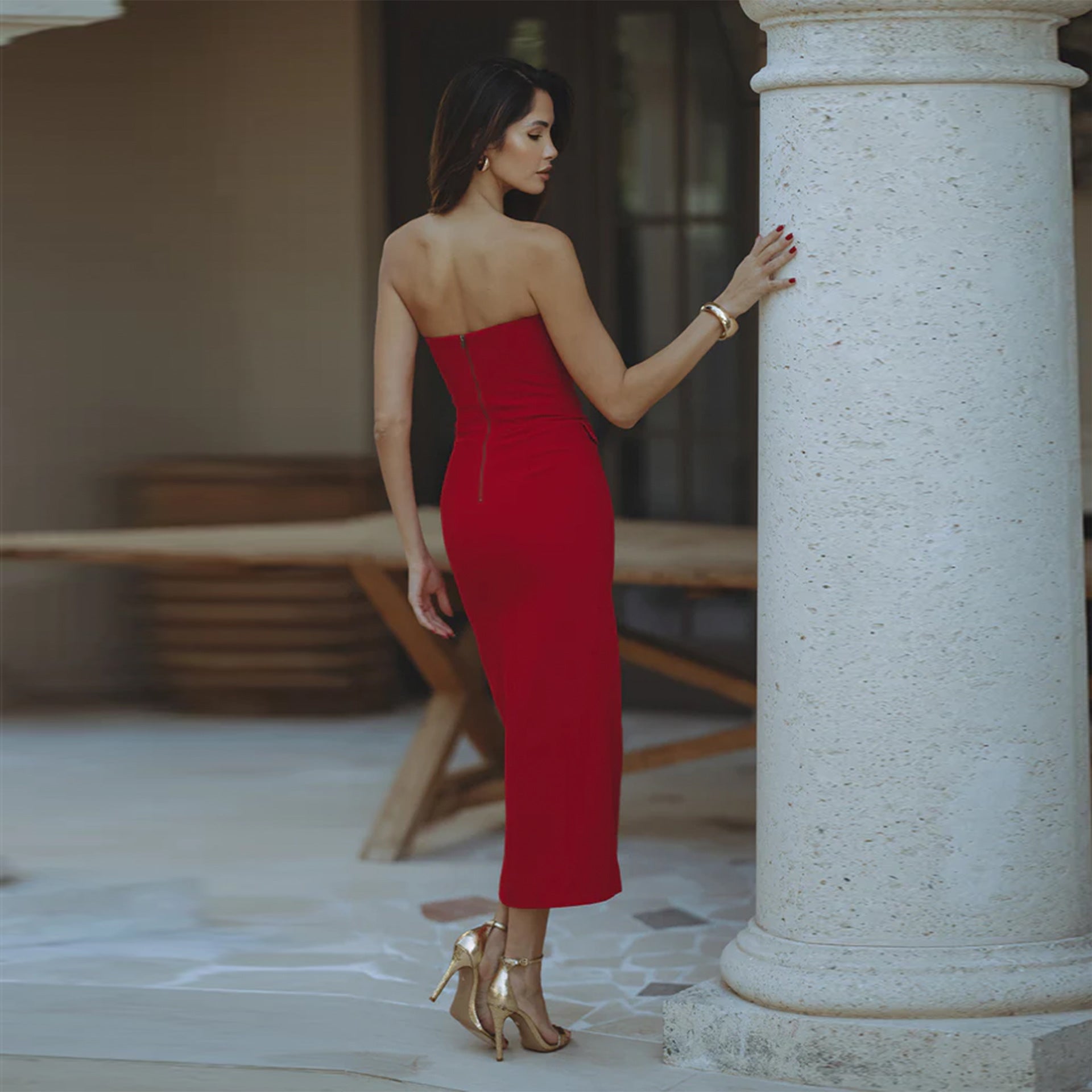 Solid Color pocket sleeveless sexy strapless slim fit high waist A-line Dress 3