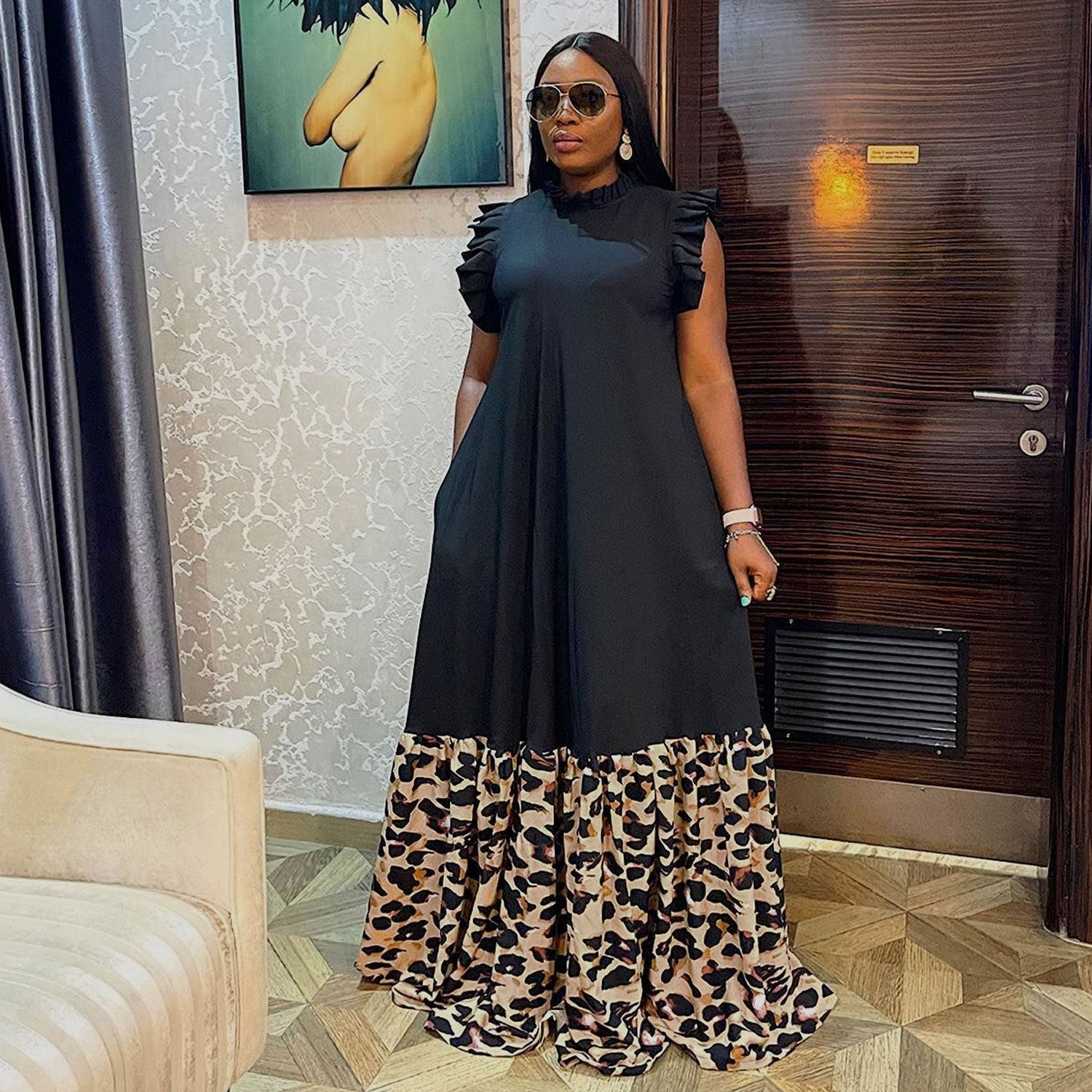 Plus Size Women Patchwork Print Short Sleeve Dress 8