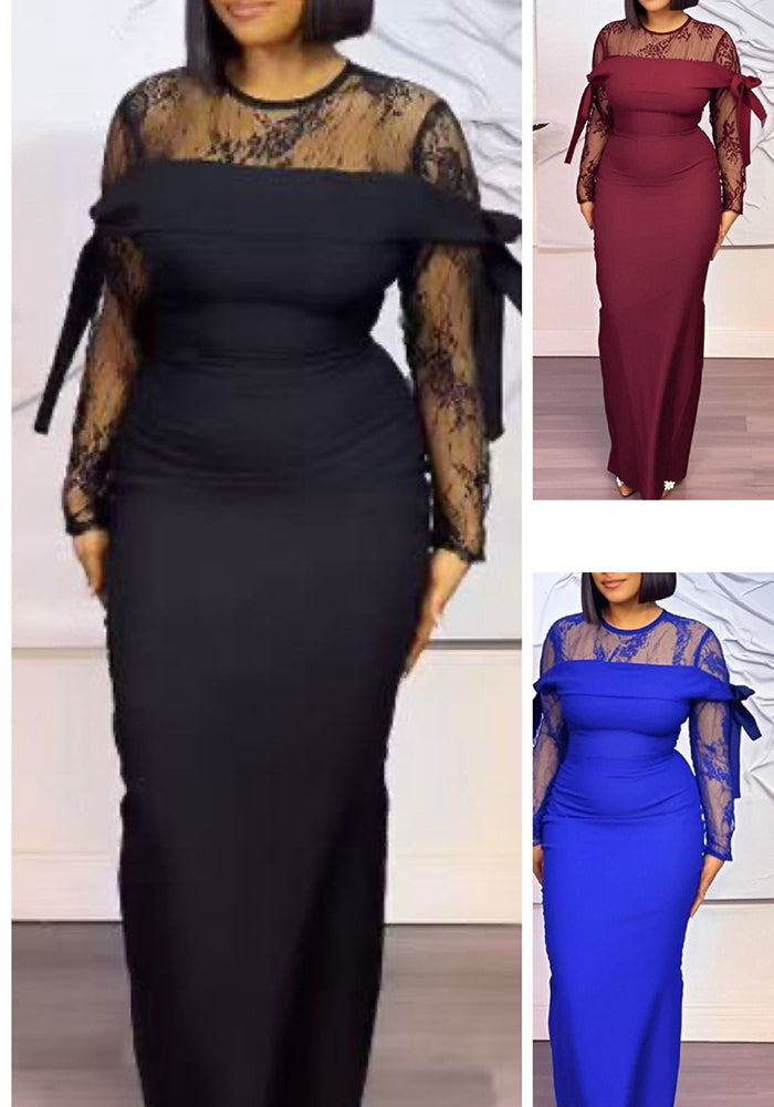 Solid Round Neck Sexy Lace Patchwork Sheer Slit Evening Dress for Women