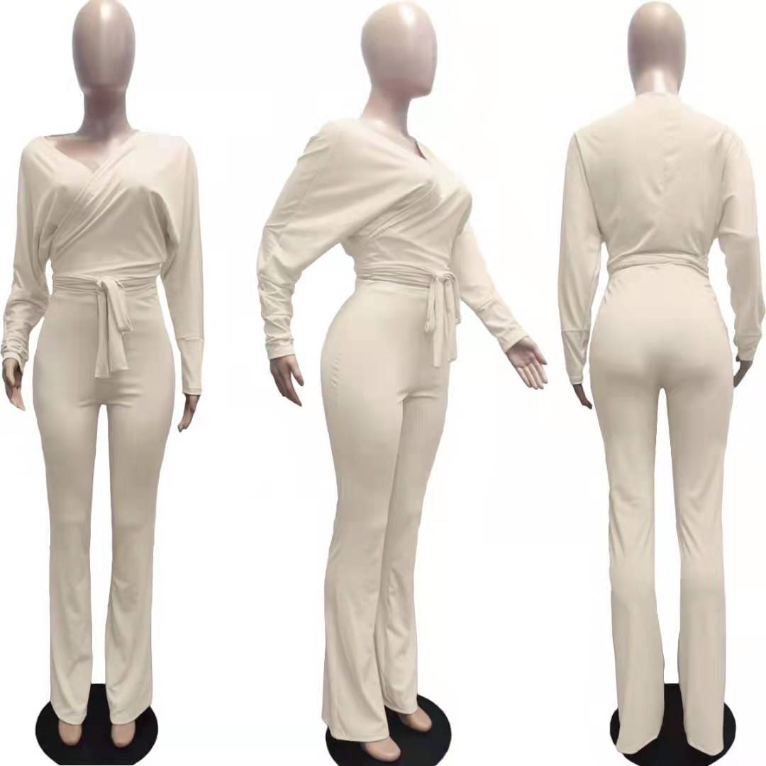 Fashionable Casual Solid Ribbed Loose-Cut Style Tie Bow Two Piece Set 18