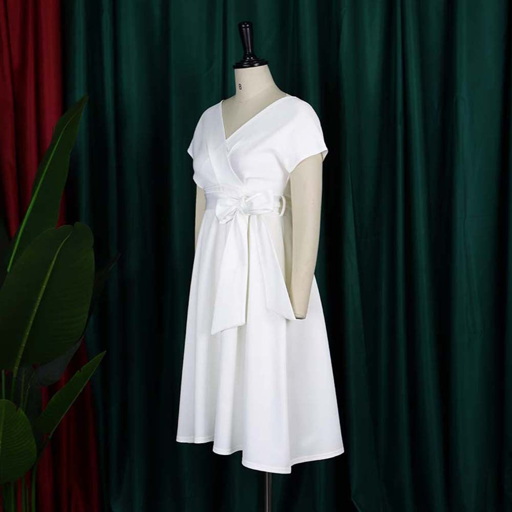 Summer V-Neck Solid Color Slim Waist Bow Lace-Up A-Line Dress 18