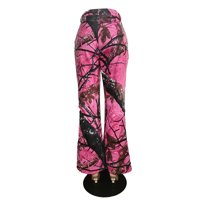 Women Pink Camouflage Street Bell Bottom Pants 8