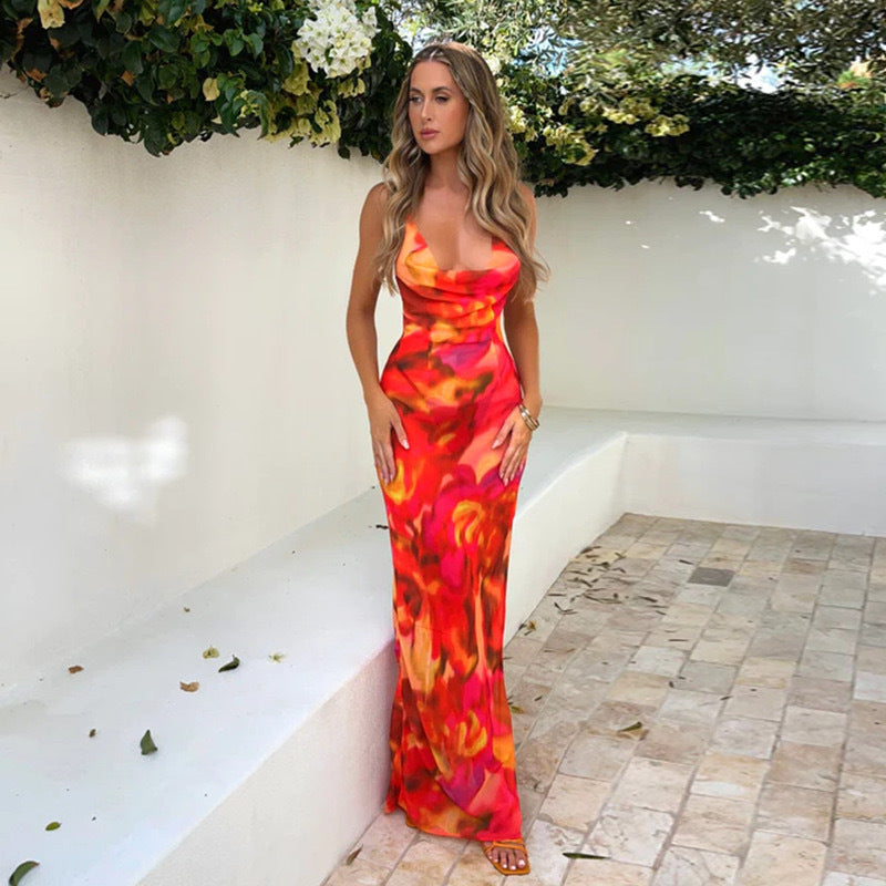 Women printed Halter Neck Lace-Up sexy backless bodycon dress 3