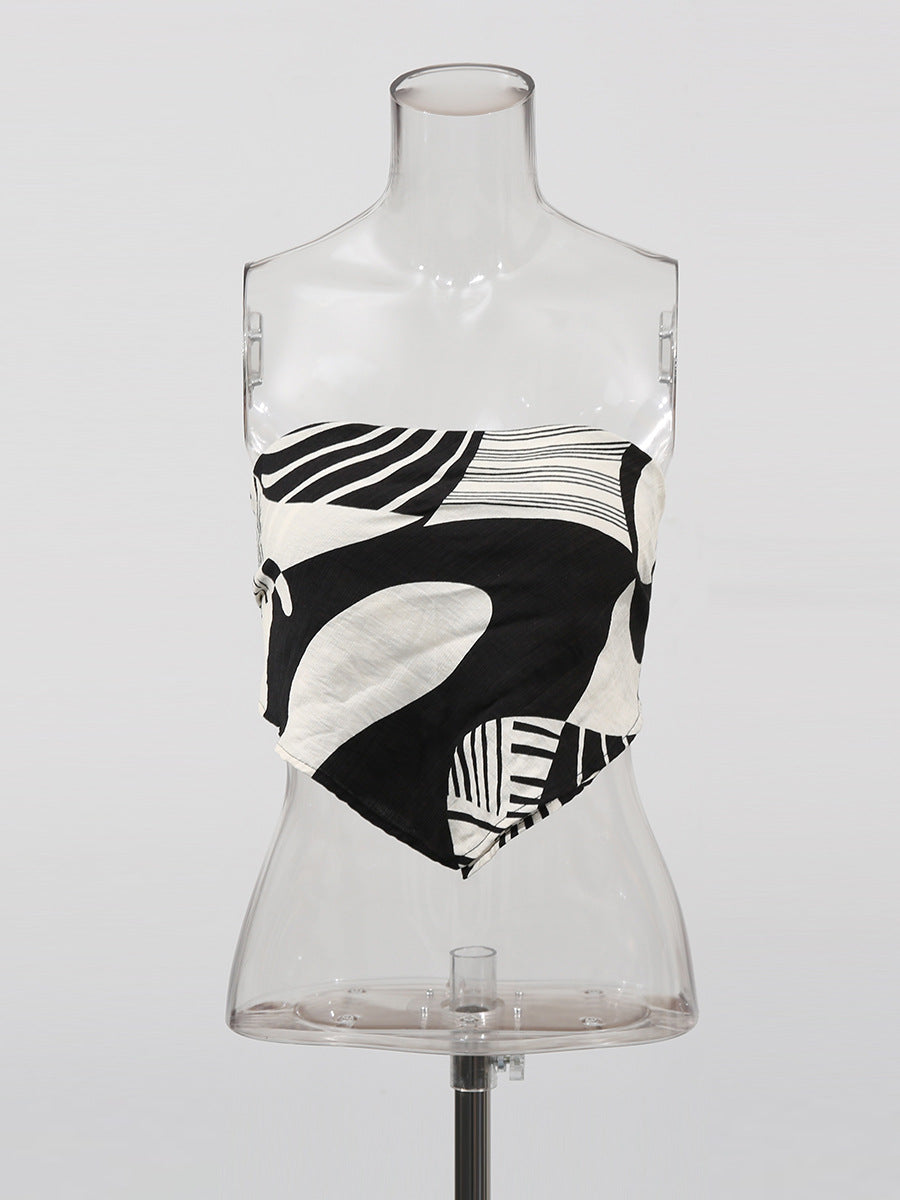 Sexy Strapless Low Back Top + Fashion Print Straight-Leg Pants Two-Piece Set