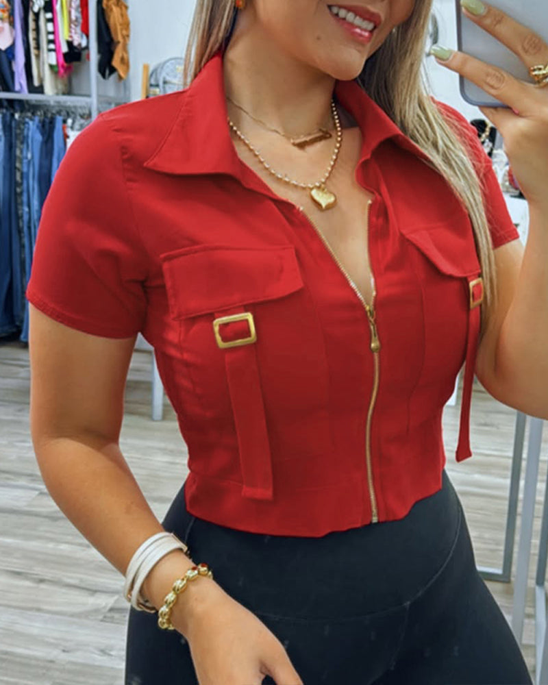 Women's Red Short-sleeved Casual Patch Pocket Turndown Collar Shirt Top 6