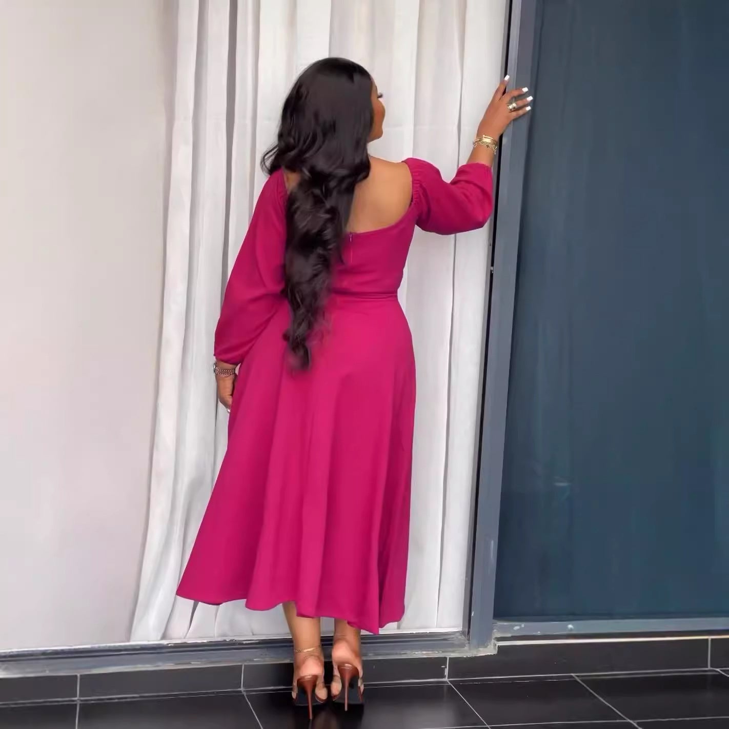 Sexy drawstring square neck Slim Waist A-line long dress 6