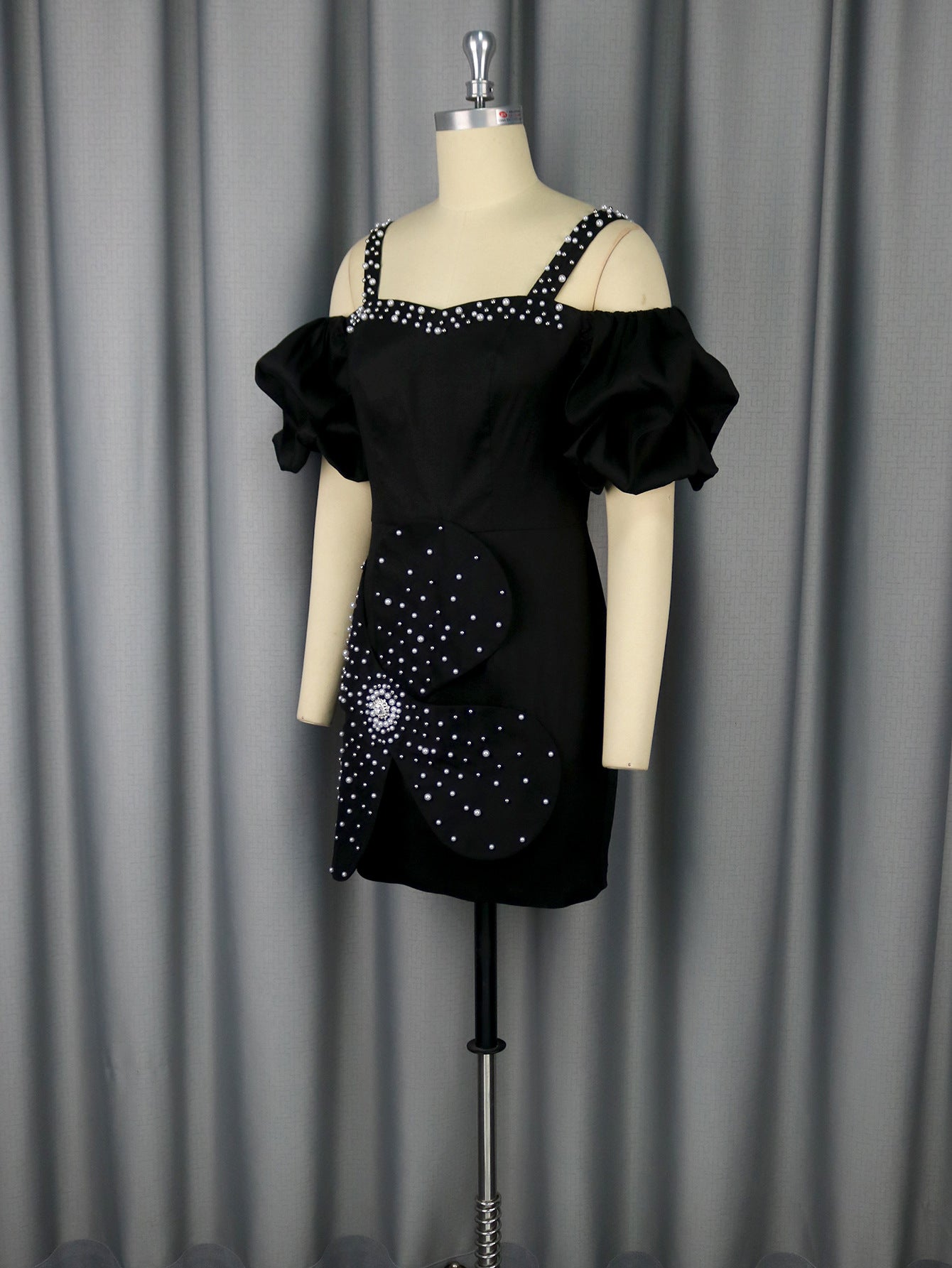 Sexy Off Shoulder Puff-Sleeve Beaded Black Party Mini Dress 5