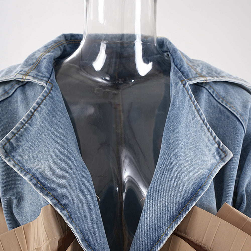 Women's Autumn Ruffle Contrast Color Patchwork Belt Turndown Collar Denim Jacket 12