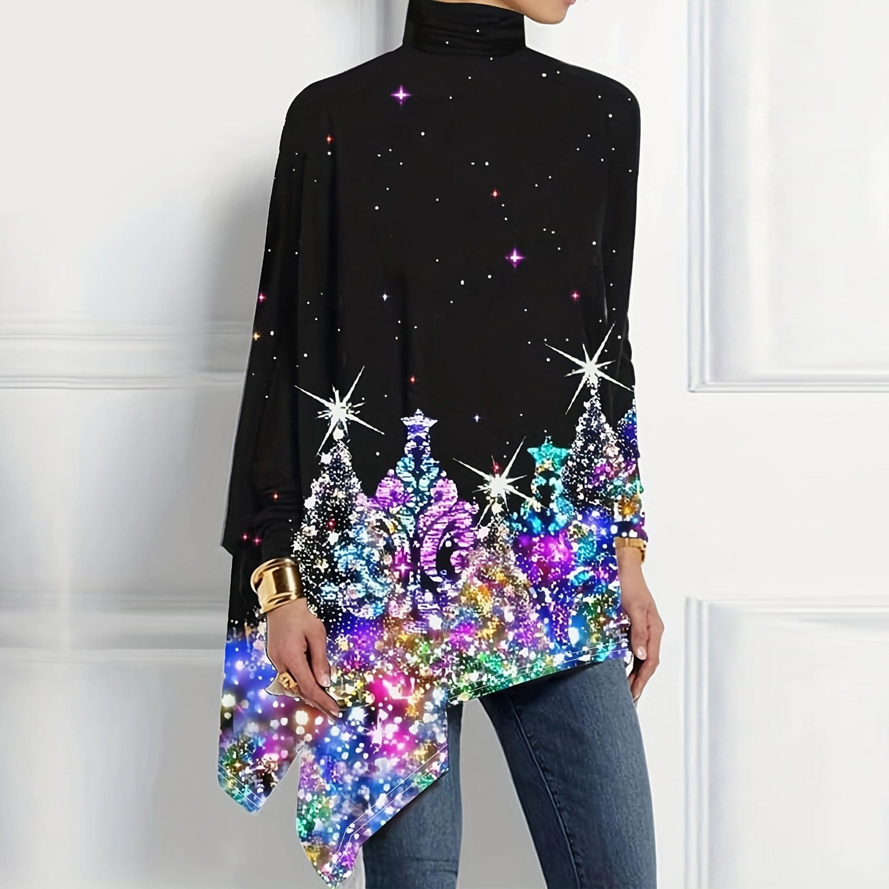 Christmas Women Printed Loose Turtle Collar Casual Irregular Top 3