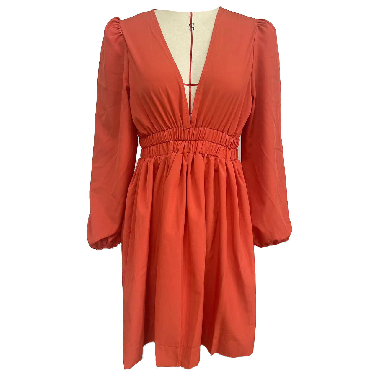 Women V Neck Pleated Long Sleeve Dress 12