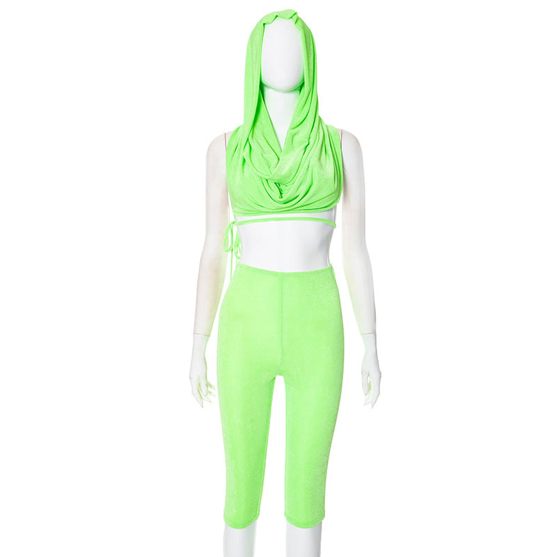 Spring Summer Hooded Top and Knee-Length Shorts Two-Piece Set for Women 13