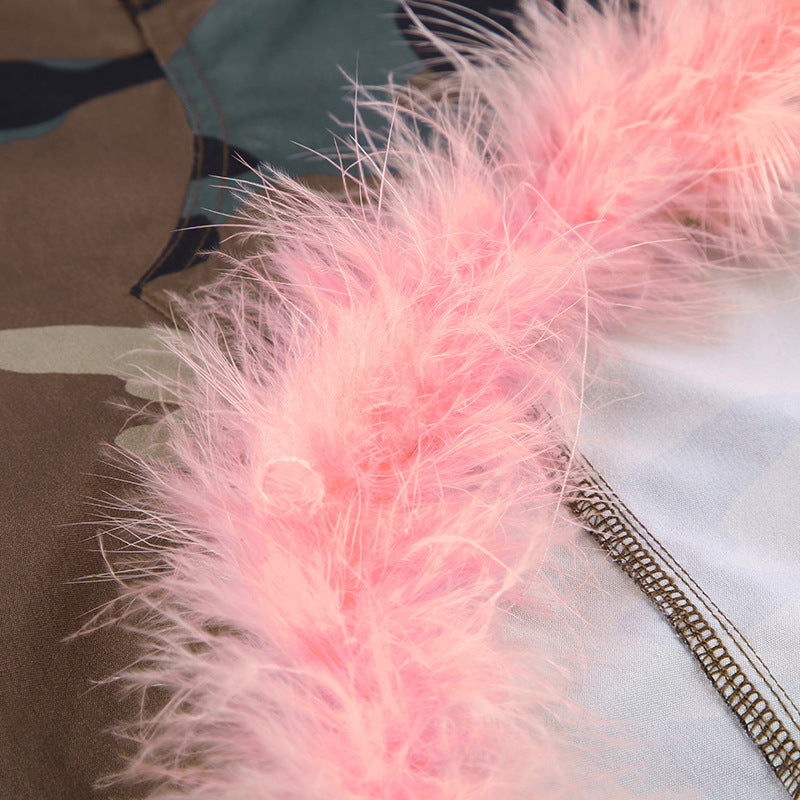 Women camouflage pink fur patchwork bevel irregular skirt 6