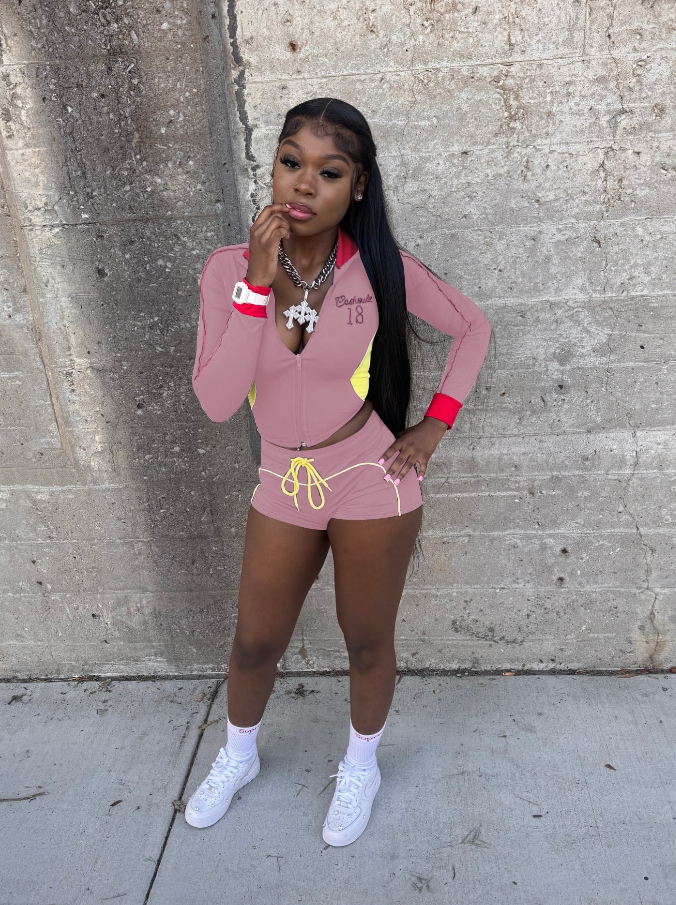 Women Casual Long-Sleeved Shorts with Embroidered Contrast Colors Two-Piece Top and Shorts Set 4