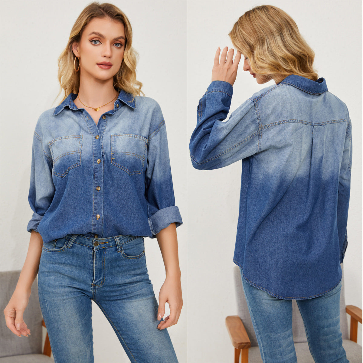 Women's Fashion Casual Turndown Collar Single-Button Denim Shirt