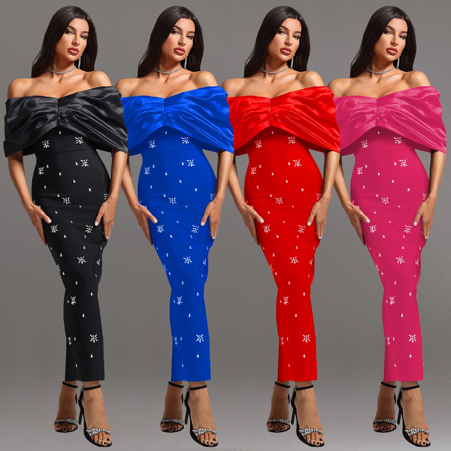 Chic Slim Waist Off-Shoulder Beaded Dress for Women 3