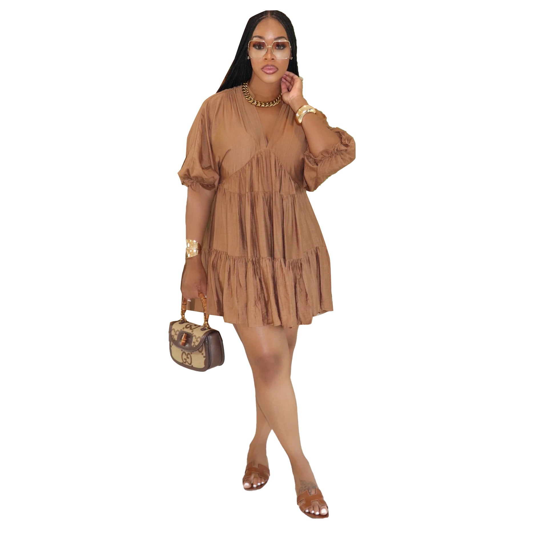 Women Casual Women Solid V Neck bubble sleeve multi-layer pleated dress 13