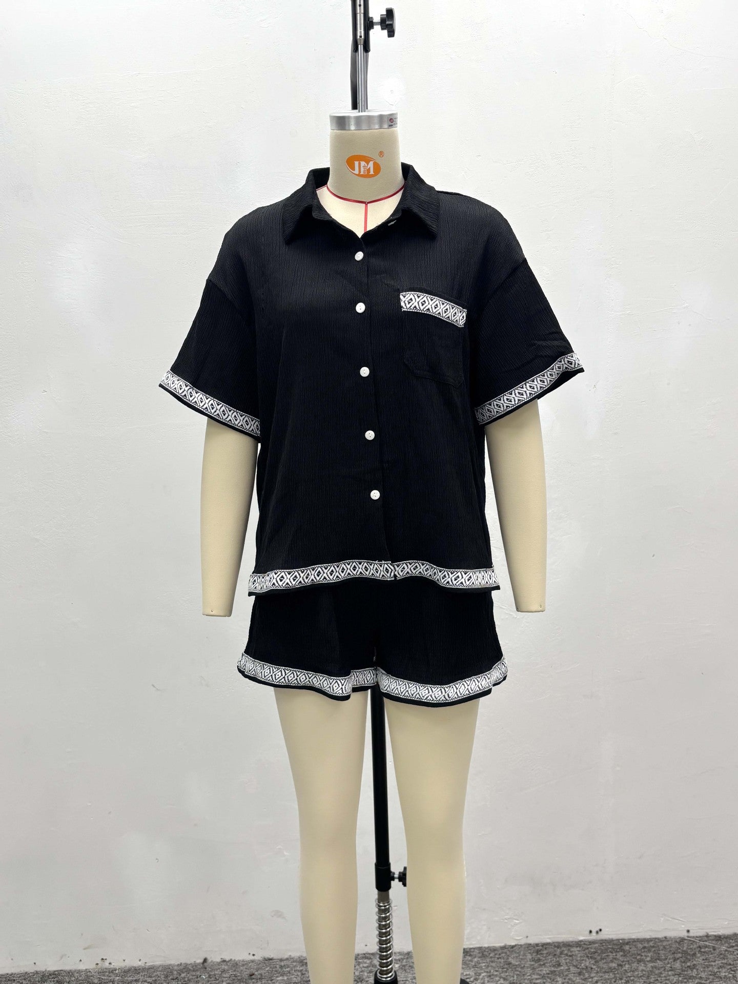 African Women's Summer Contrast Color Turndown Collar Short Sleeve Shirt & Shorts Casual Two-Piece Set 8