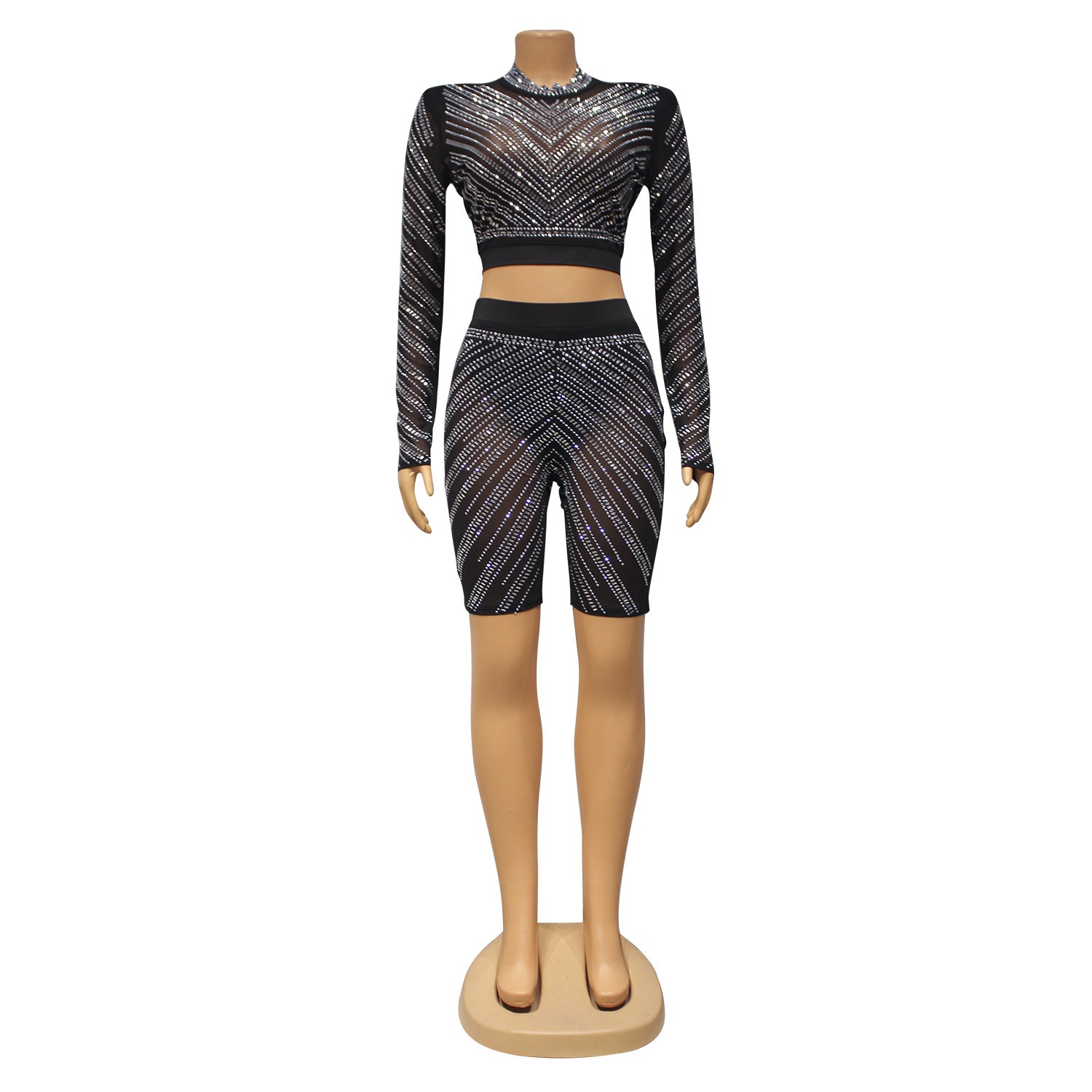 Summer Women's Sexy Tight Fitting Mesh See-Through Long Sleeve Beaded Two-Piece Suit 16