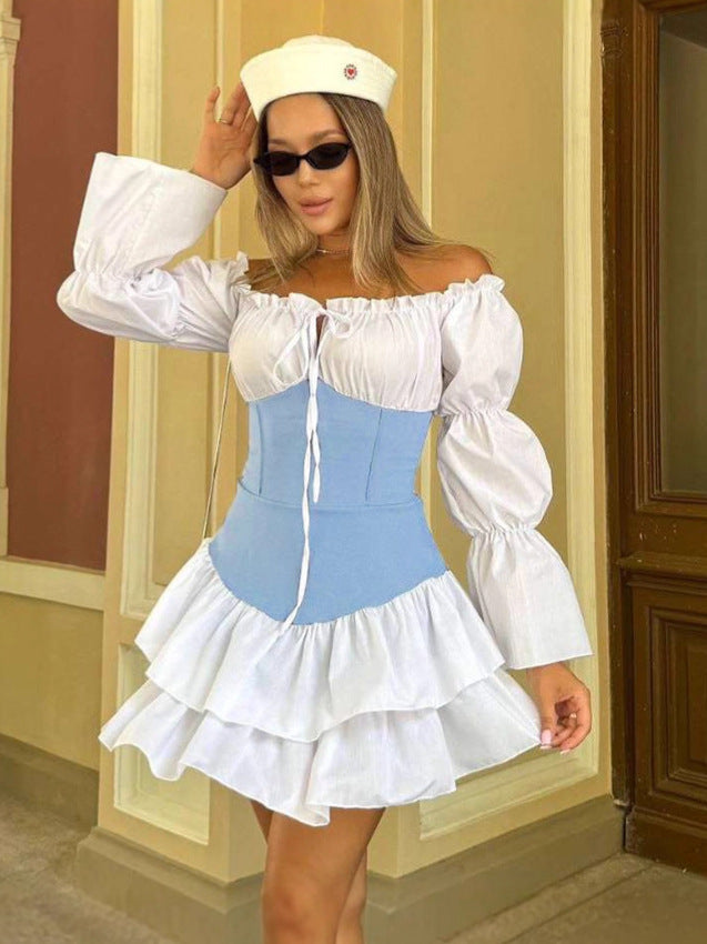 Autumn Women's Sexy Color Block Off Shoulder Puff Sleeve Slim Waist Casual Dress 5