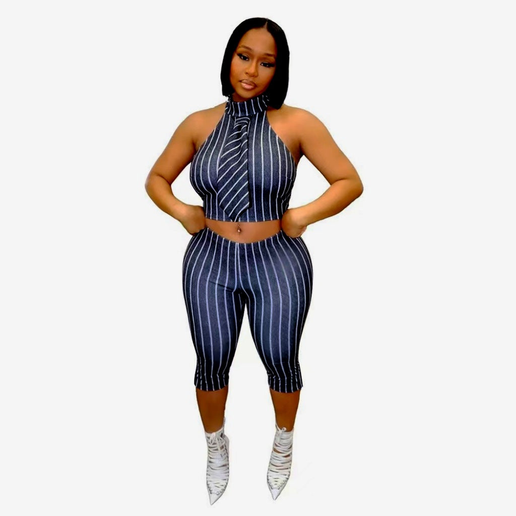 Women Summer Black and White Striped Sleeveless Turndown Collar Vest Top Three-Piece Pants Two-Piece Set 5