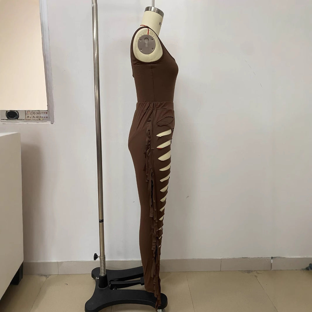 Fashion Sleeveless Bodysuit Cut Tassel and Tight Pants Set for Women 5