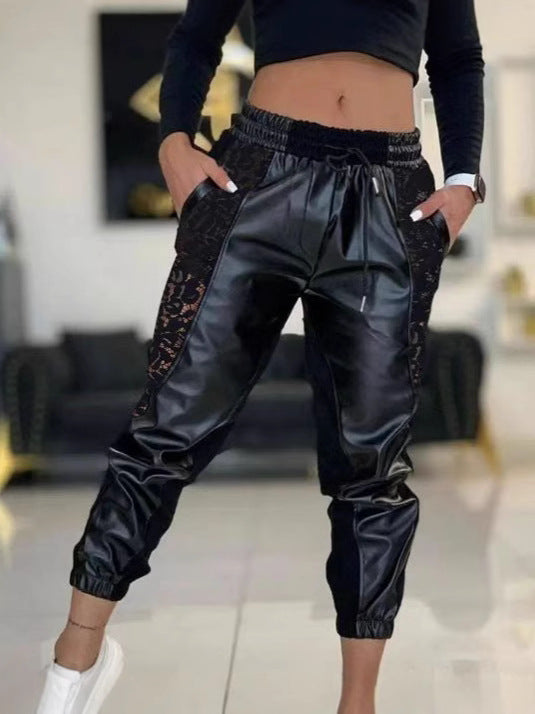 Women's Mesh Patchwork PU Leather Casual Pants