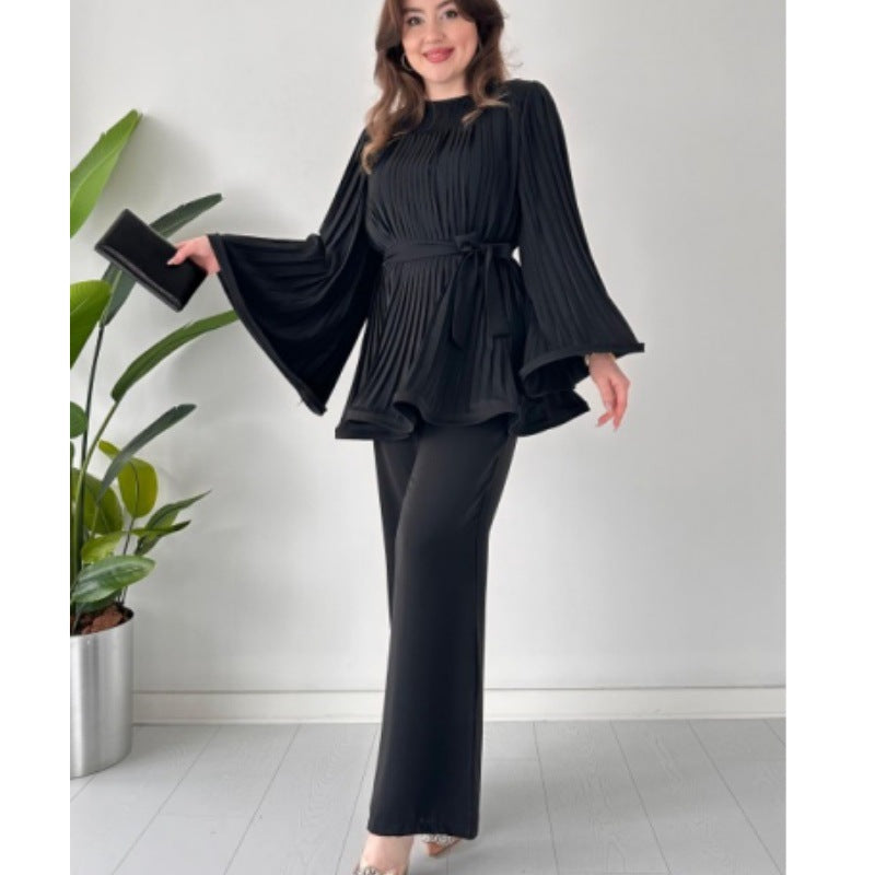 Women's Fashion Casual Belt Pleated Loose Top Wide Leg Pants Two Piece Set