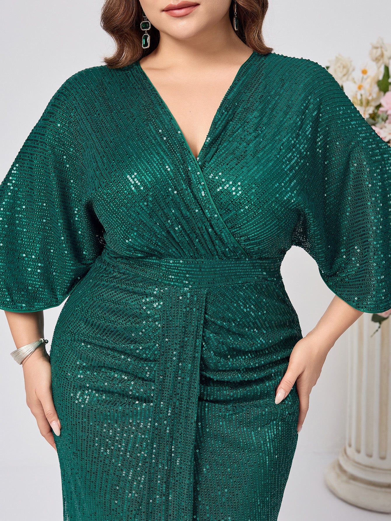 Plus Size Women Sequin Solid v-neck sequin sleeve Formal Party Dress 6