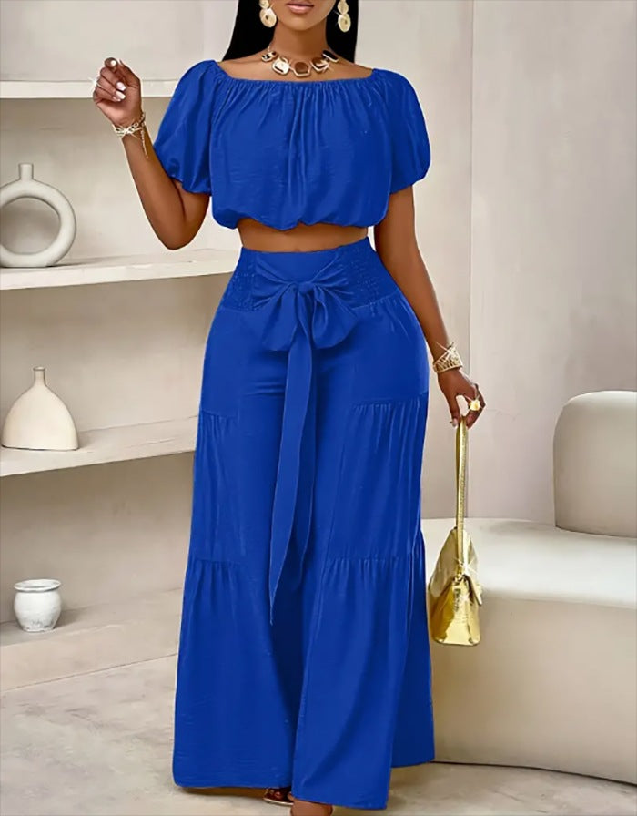 Women's Casual High-Waist Solid Color Flared Lace-Up Wide-Leg Pants Set 6