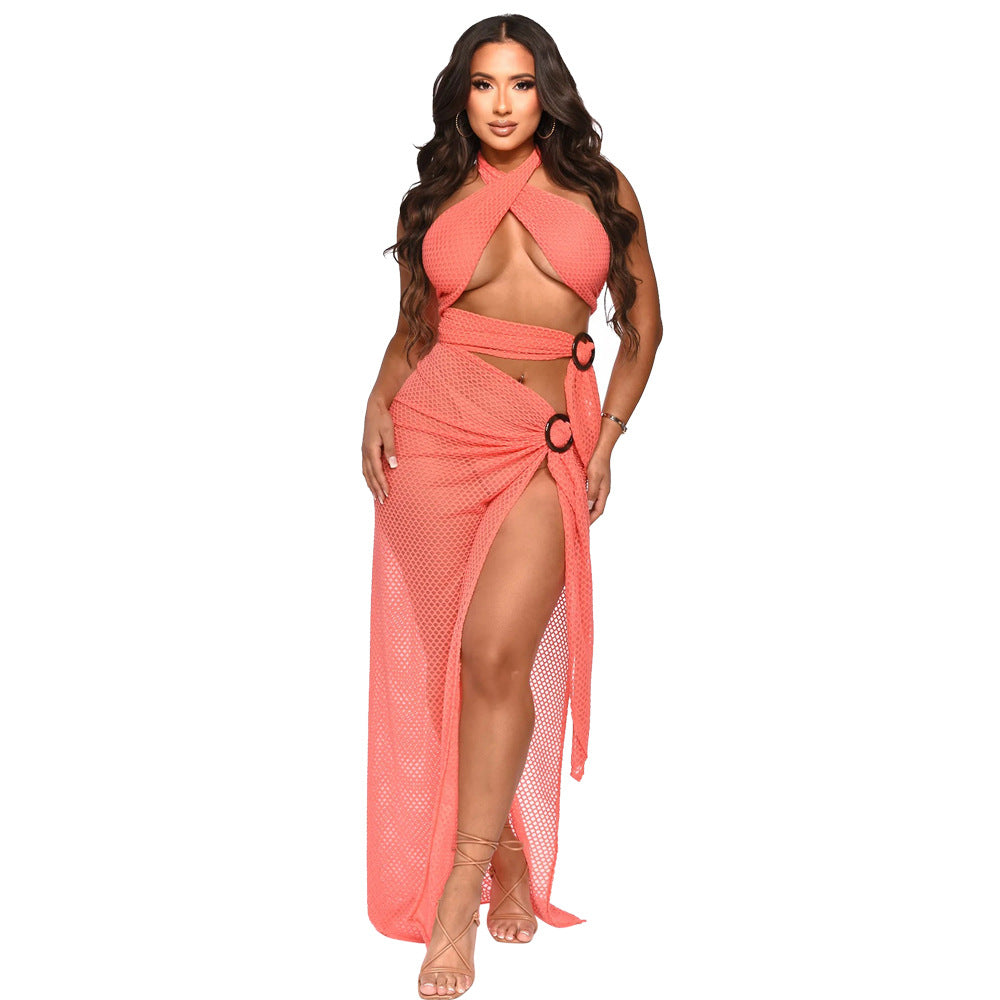 Sexy Halter Neck Mesh Slim High Slit Fashion Solid Color Long Dress 11