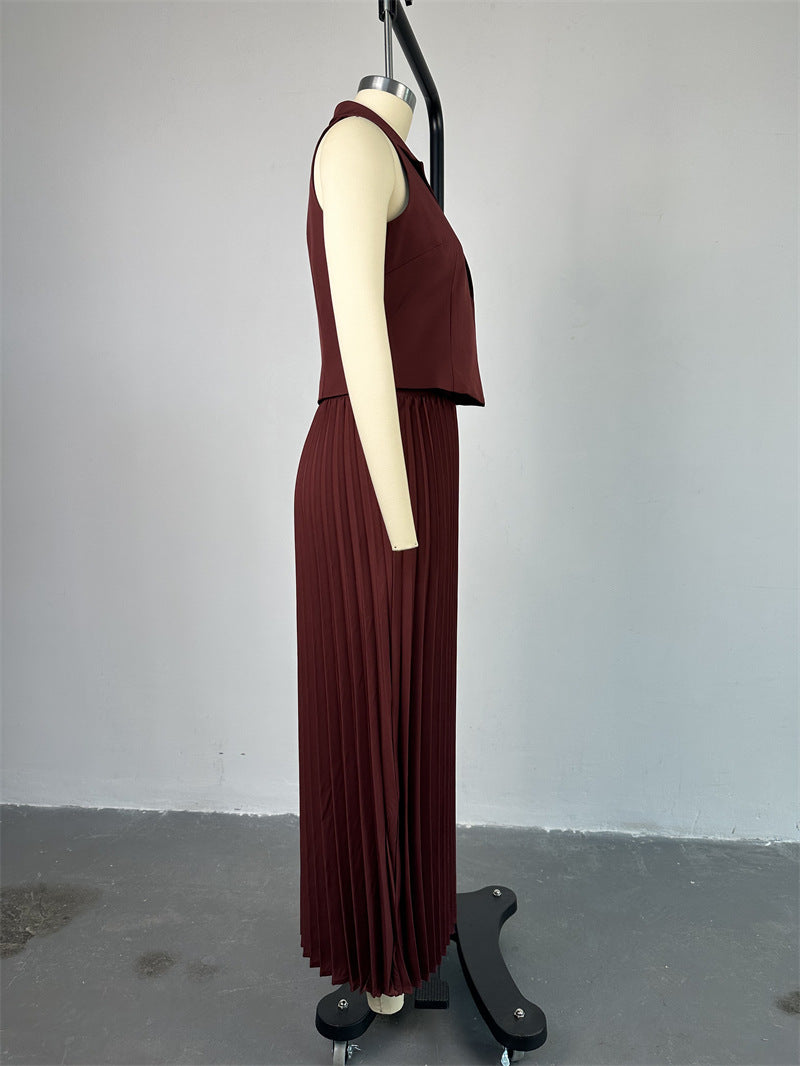 Women's Summer Turndown Collar Vest Top Pleated Skirt Suit 12