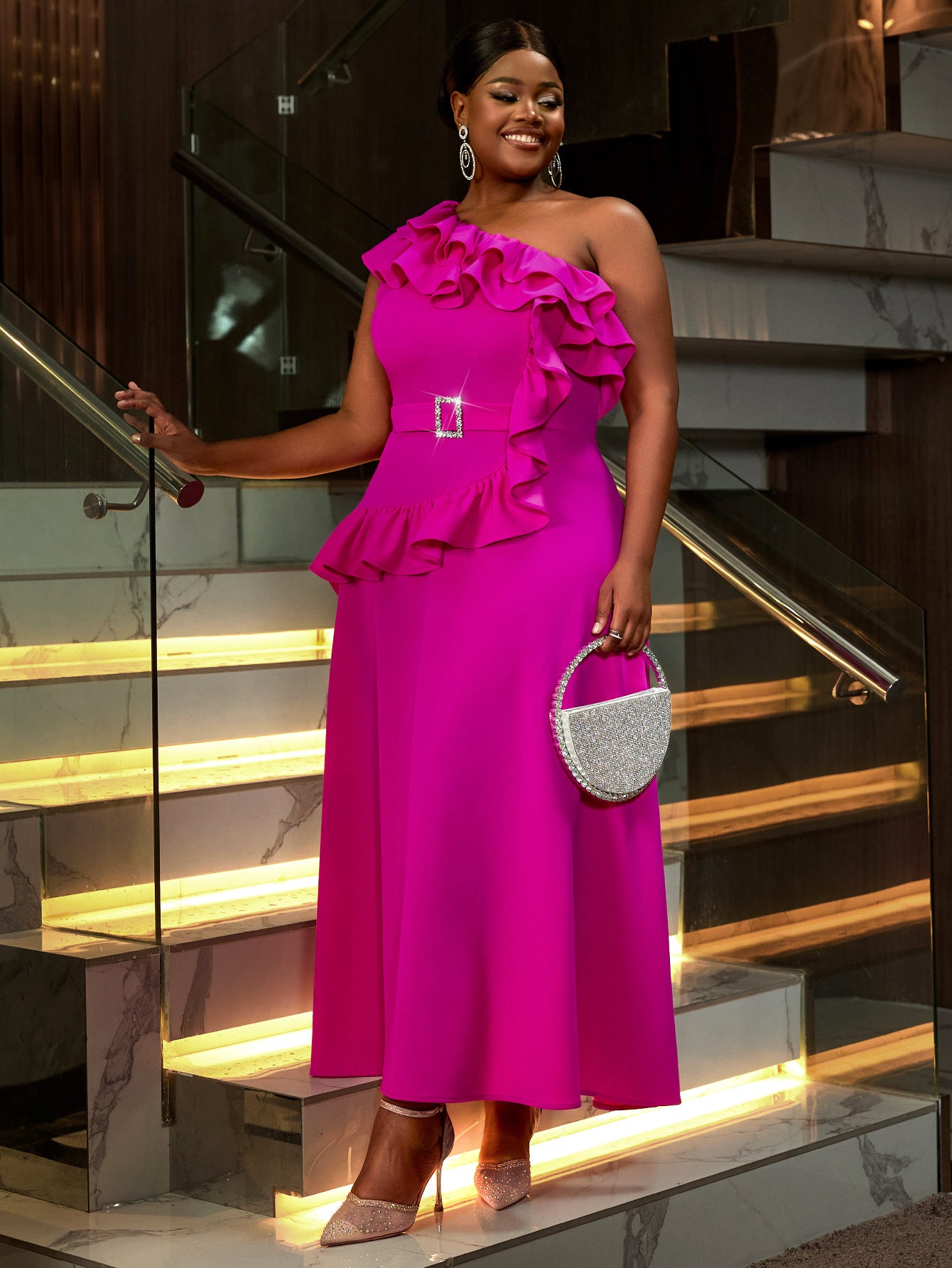 Women Slash Shoulder Sleeveless Formal Party Ruffle Edge Dress 5