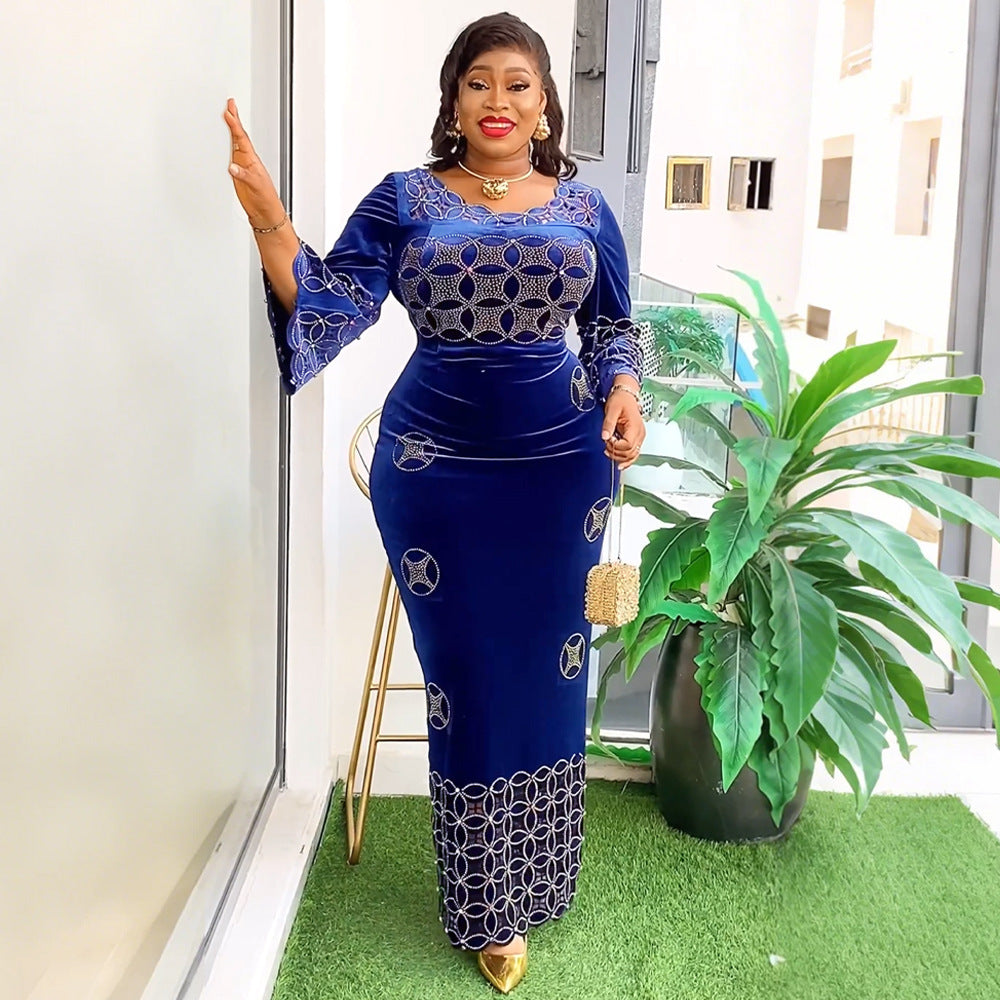 Fashion Beaded Slim Long Dress African Velvet Evening Dress