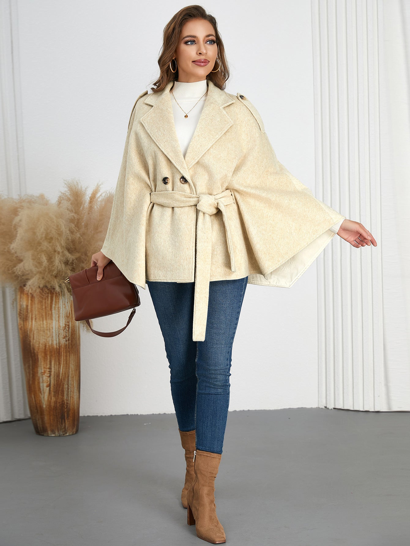 Women Winter Turndown Collar Cape Coat 3