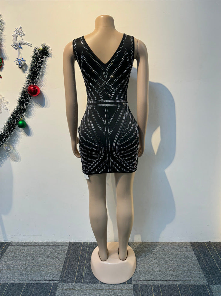 Women sexy beaded v-neck bodycon stretch dress 11