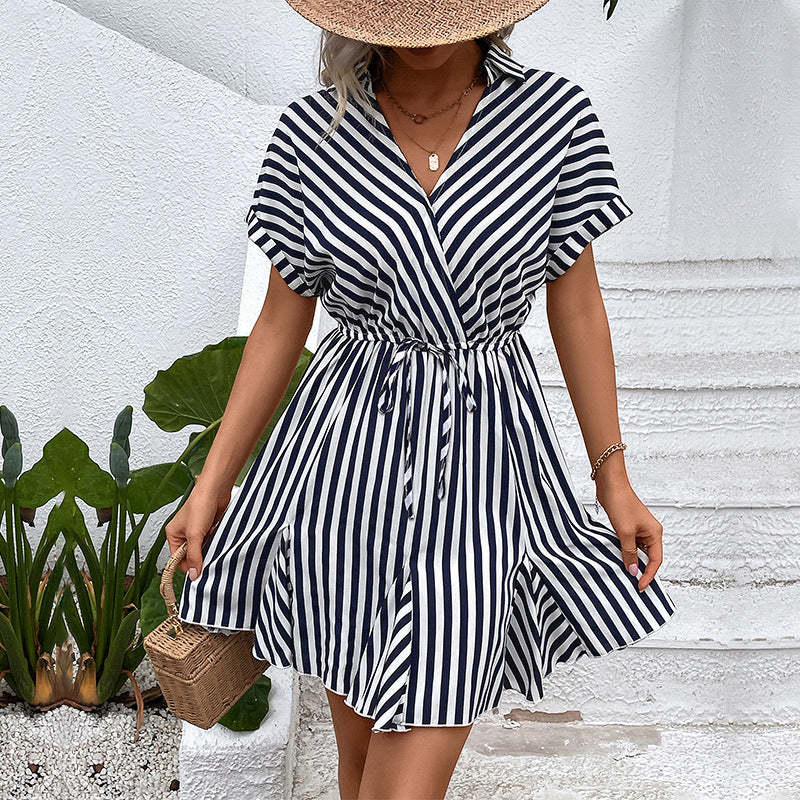 summer Turndown Collar Striped Slim Waist shirt dress