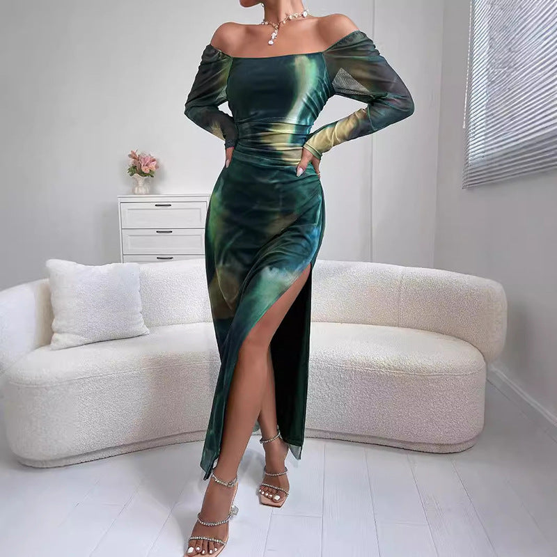 Fashion Printed Slim Women's Sexy Slit Off Shoulder Party Dress 7