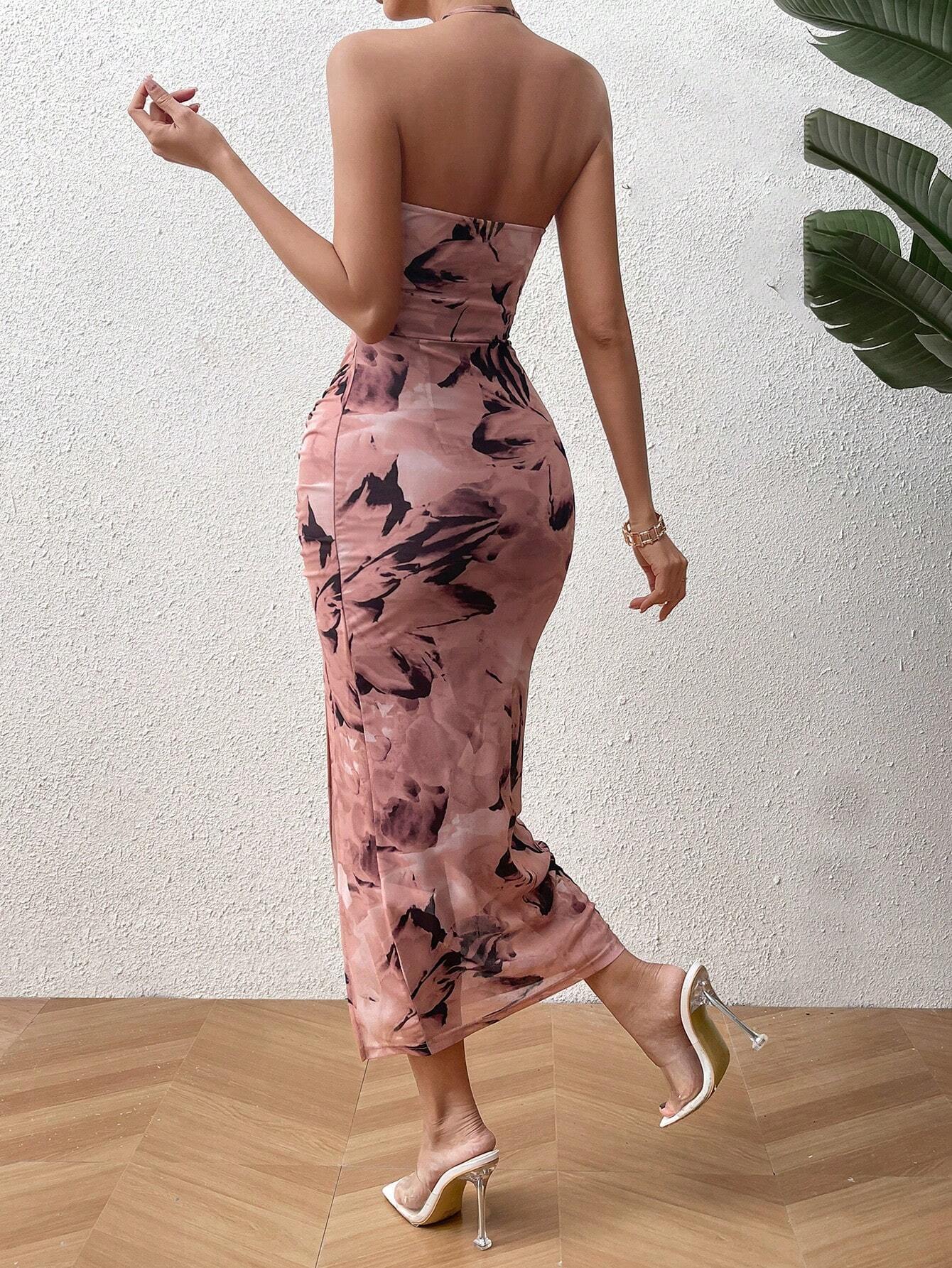 Spring and Summer Women's Strapless Halter Low Back Print Slim Dress 22