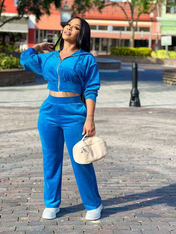 Women's Fashion Casual Velvet Hooded Two-Piece Pants Set 4