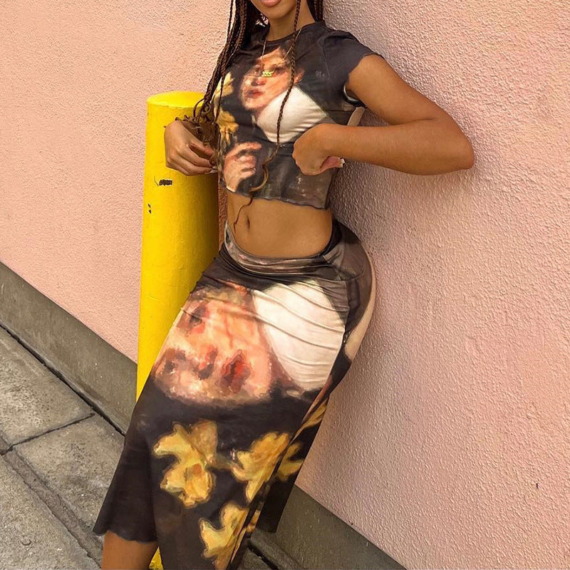 Digital Print Round Neck Top Maxi Skirt Two-Piece Set 4
