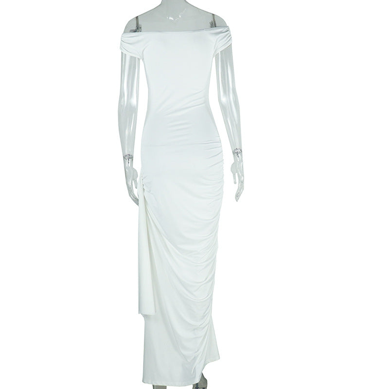 Women's Solid Color Slash Shoulder Casual Ribbon Long Dress 11