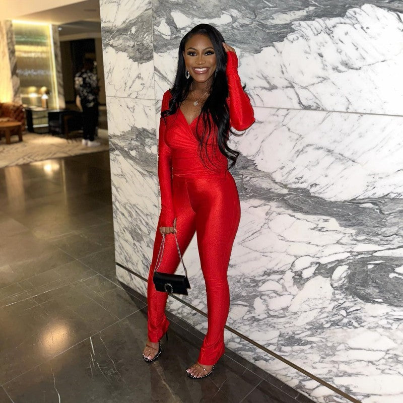 Women Autumn SolidV Neck Long Sleeve Sexy Jumpsuit 6