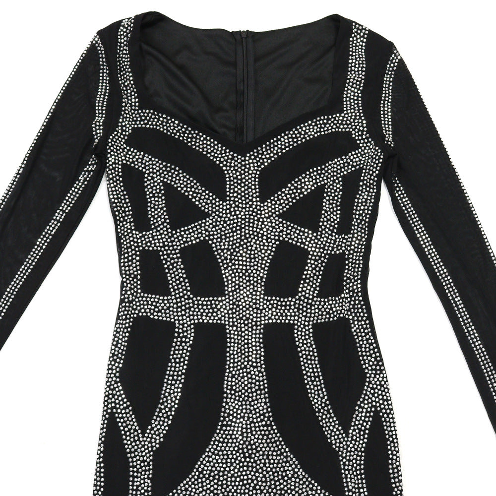 Women Sexy Beaded Square Neck Long Sleeve Bodycon Dress 5