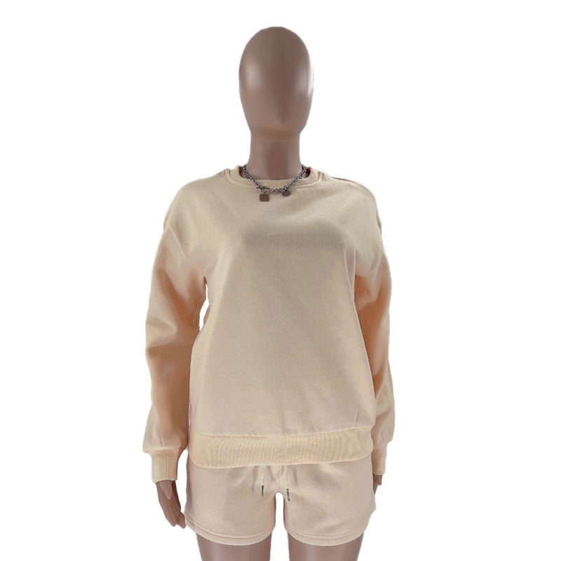 Fall Winter Solid Color Round Neck Pullover Long Sleeve Hoodies Women's Fashion Casual Shorts Two Piece Set 24