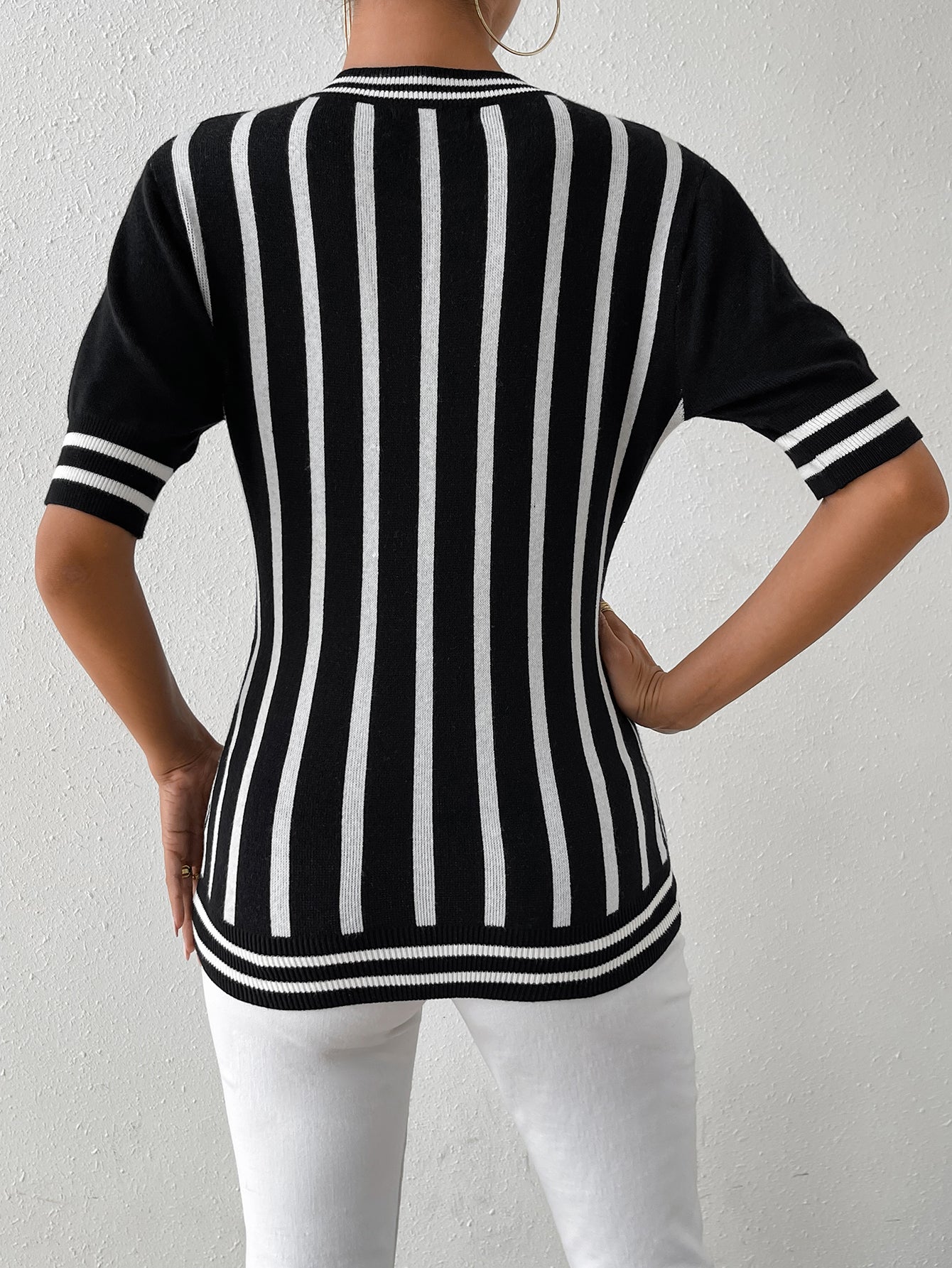 Women Striped Short Sleeve Casual knitting Top 4