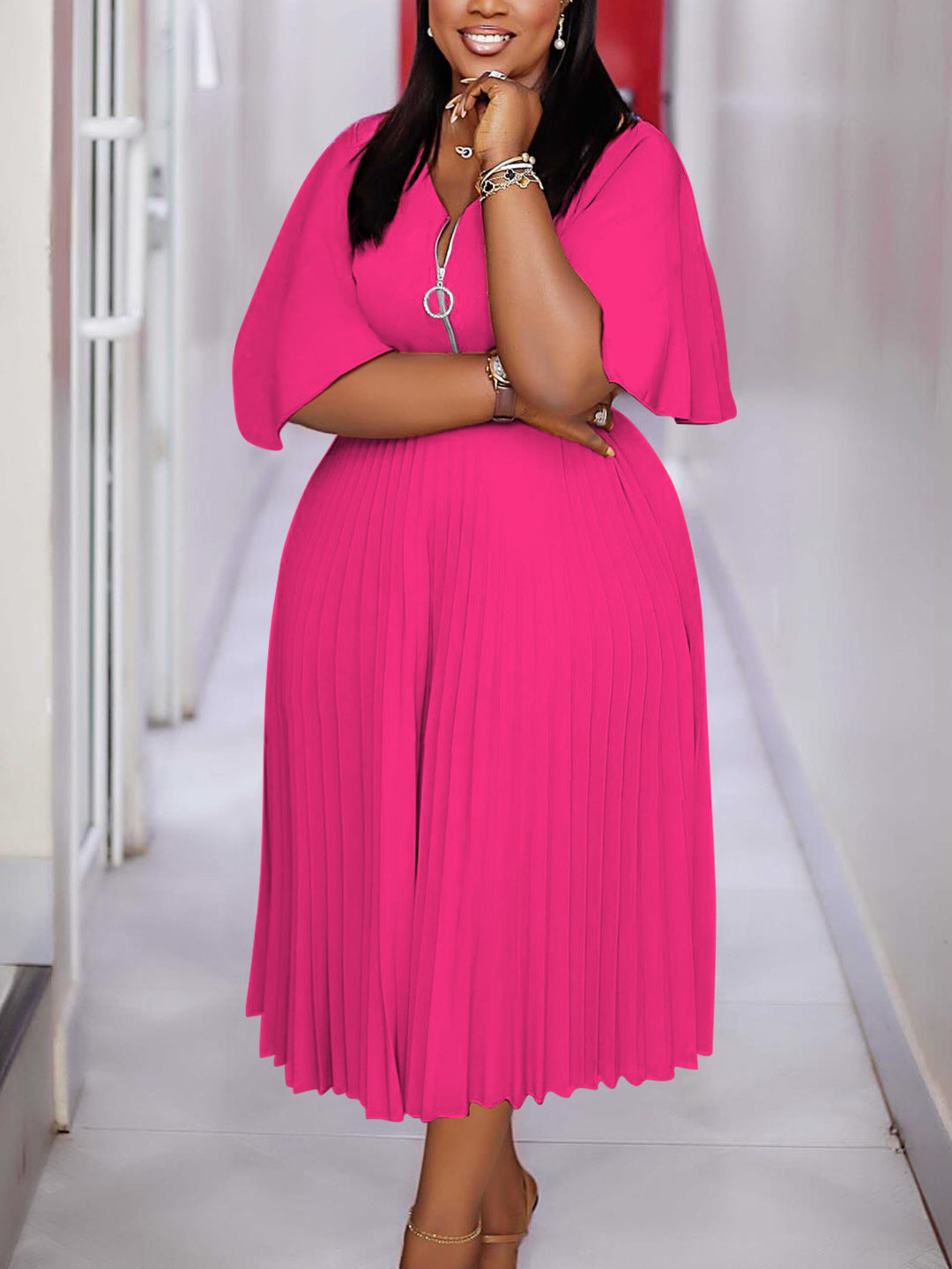 Women's V-Neck Ruffle Sleeve Plus Size Pleated African Mother Dress 3