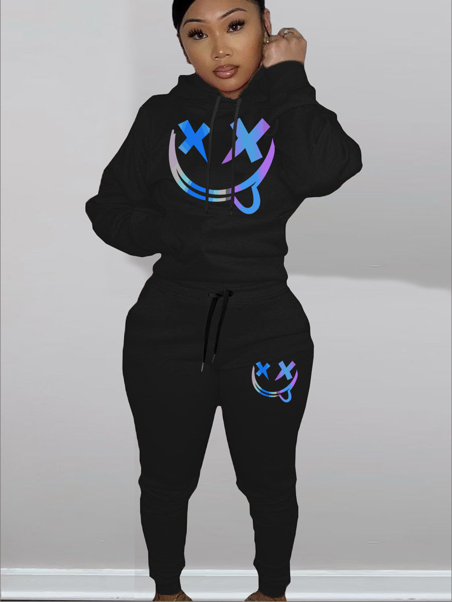 Women Casual Color Block Letter Print Hoodies and Sweatpants Two-piece Set