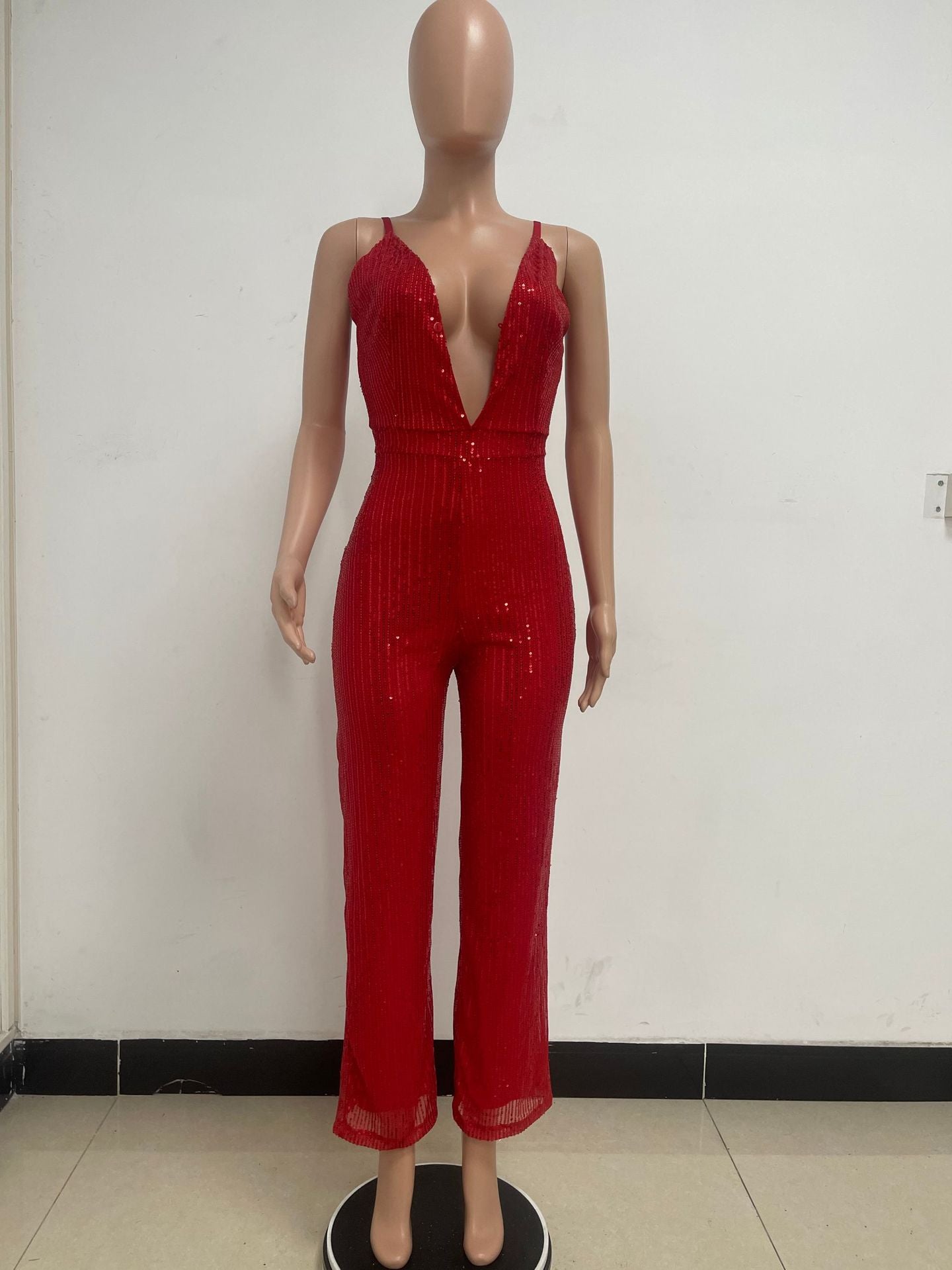 Deep V Neck Low Back Sleeveless Chic Sequined Straps Elegant Women's Party Jumpsuit 74