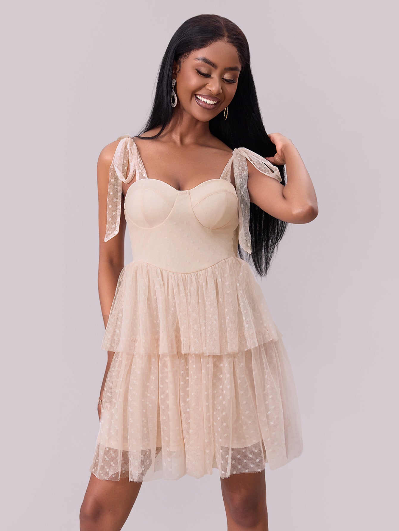 Women Evening Dress Lace-up Pleated Mesh Dress 4